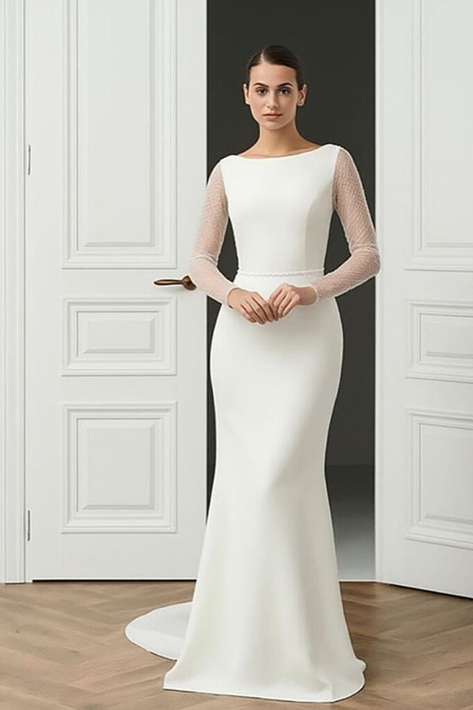 Minimalistička bela venčanica sa dugim rukavima i sirena krojem"